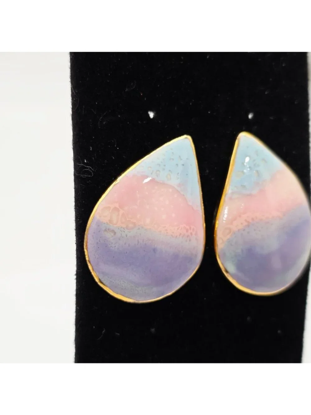 Pastel Gradient Teardrop Stud Earrings Gold Trim Ceramic & Metal Unique Handmade - Picture 4 of 5